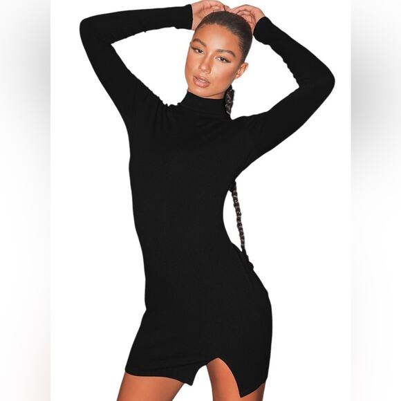 Lulus Size XL Long Sleeve Bodycon Dress Black Sweet Season Ribbed Mock Neck - Picture 1 of 16